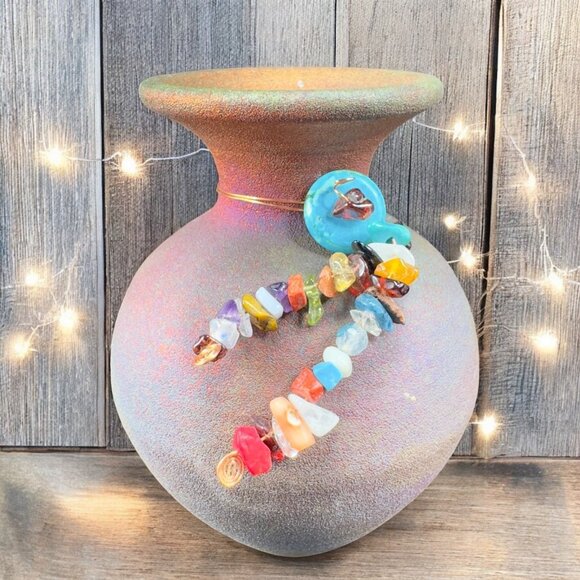 Raku Pottery Small Bud Vase Artist Signed Iridescent Finish W Trinkets Vintage - Picture 1 of 11